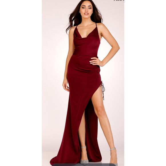 Abby Paris Sz 6 Cowl Neck Corset Back Neon Green Long Gown w/ Ruched Side‎ NEW! - Picture 2 of 7